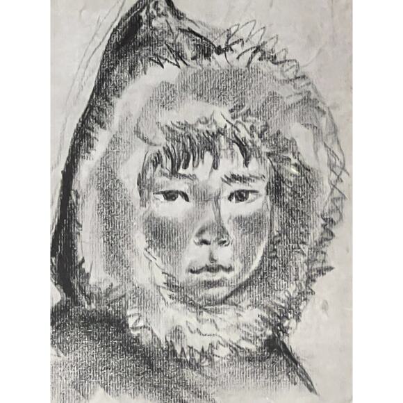 Native Inuit Child Charcoal Sketch Print 1940's Framed 16 x 14 Art Children - Picture 4 of 7